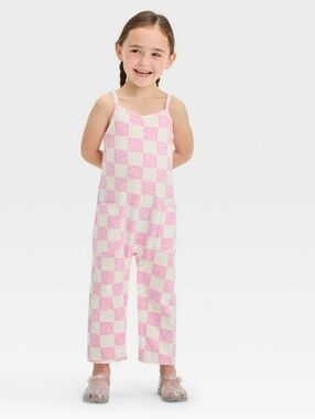 Girls Pink Checkered One-Piece Jumpsuit Adjustable Straps